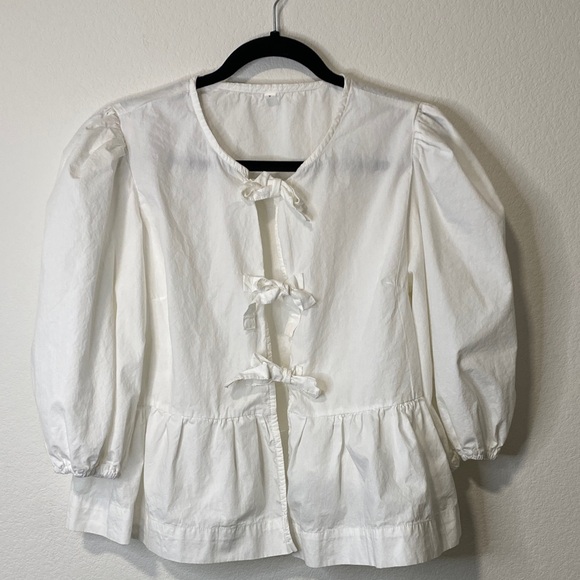 Tops - Women’s Large Crop cropped White Tie Front Blouse Gathered Peplum